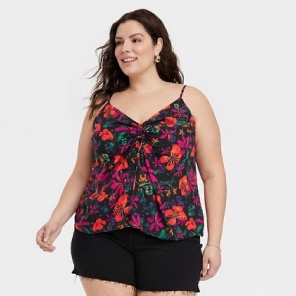 Ava&Viv Women's Cinched Tank Top Black Floral 2X Size XXL or 2X